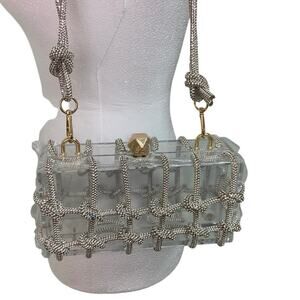 New DJBM Clear Acrylic Hard Plastic Clutch Sparkle Rhinestone Knot Evening Bag